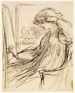 Mulher sentada num bastidor ou cavalete para bordar de Dante Gabriel Rossetti