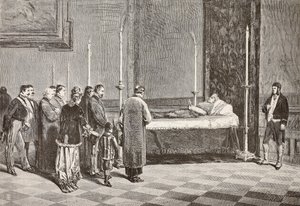 O corpo do Cardeal Giacomo Antonelli deitado numa das salas do Vaticano, gravura a partir de um desenho de Dante Paolocci de L