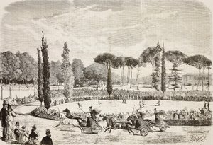 Corridas de bigas na Villa Borghese, Roma, Itália, gravura a partir de desenho de Dante Paolocci, de L