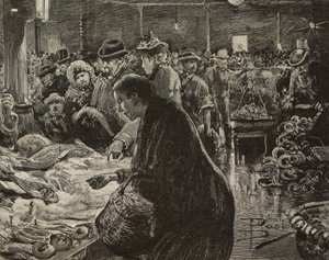 Mercado de Natal em Roma, Itália, gravura após desenho de Dante Paolocci, de L