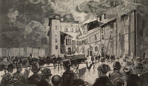 Incêndio das escolas israelitas de 1893, Roma, Itália, gravura após desenho de Dante Paolocci, de L