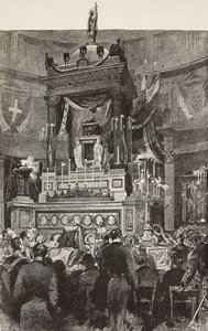Políticos e oficiais italianos na cerimónia fúnebre de Victor Emmanuel II (1820-1878), Rei de Itália, Roma, Itália, gravura a partir de desenho de Dante Paolocci, de L