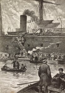 Soldados italianos a bordo do navio de guerra Principe Amedeo, expedição italiana no Mar Vermelho, Nápoles, Itália, gravura a partir de desenho de Dante Paolocci, de L