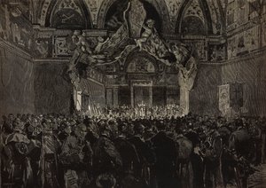 Leão XIII recebe peregrinos franceses na Sala Ducal, Jubileu Papal, Vaticano, gravura a partir de desenho de Dante Paolocci, de L