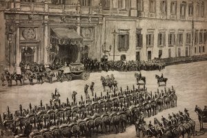 Abertura do Parlamento, chegada do Rei Umberto I a Montecitorio, Roma, Itália, gravura a partir de desenho de Dante Paolocci, L