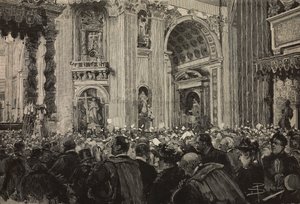 Bênção papal por ocasião do Jubileu Episcopal de Leão XIII, Basílica de São Pedro, Vaticano, gravura após desenho de Dante Paolocci, de L