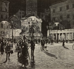 Piazza Colonna iluminada com luz eléctrica, Roma, Itália, desenho de Dante Paolocci, gravura de L