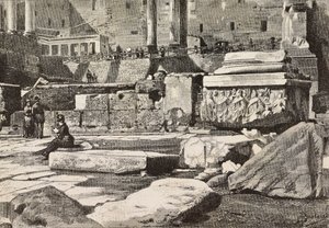 Plataformas no Fórum Romano, Roma, Itália, gravura a partir de desenho de Dante Paolocci, de L