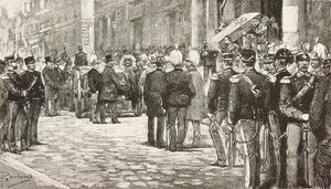 Políticos e oficiais no cortejo fúnebre de Luigi Mezzacapo (1814-1885), político e oficial italiano, Roma, Itália, gravura a partir de desenho de Dante Paolocci, de L