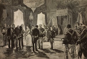 Príncipe de Nápoles, Alfonso Maria Giuseppe Alberto de Bourbon-Duas Sicílias, em uniforme de subtenente, na receção de Ano Novo em Quirinal, Itália, gravura a partir de desenho de Dante Paolocci, de L