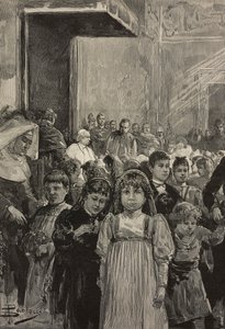Receção de crianças nas celebrações do jubileu do Papa Leão XIII, Vaticano, gravura após desenho de Dante Paolocci, de L