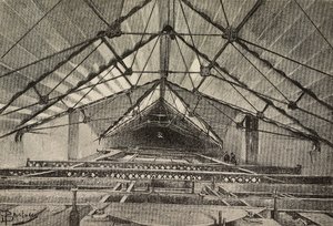 Telhado e treliça metálica de suporte do teto, novo braço da Arquibasílica de São João de Latrão, Roma, Itália, desenho de Dante Paolocci, gravura de L