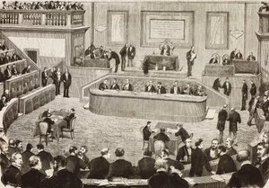 Sessão de 26 de julho do Senado italiano, Roma, Itália, gravura a partir de um desenho de Dante Paolocci, L