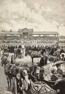 A tribuna, corrida de cavalos em Turim, Itália, gravura a partir de desenho de Dante Paolocci, de L