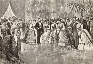 Umberto I (1844-1900), rei de Itália, e a sua mulher Margherita de Saboia (1851-1926) num baile no Palácio do Quirinal, Roma, Itália, gravura a partir de um desenho de Dante Paolocci, de L
