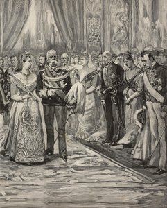 Umberto I e Margherita de Saboia num concerto por ocasião das suas bodas de prata, Palazzo del Quirinale, Roma, Itália, gravura após desenho de Dante Paolocci, de L