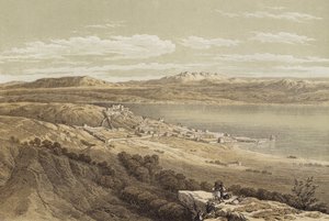 Tiberias olhando para o Hermon (cor litho) de David (after) Roberts
