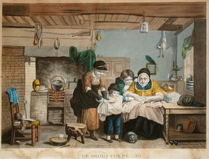 The Cut Finger, gravada por Joly, c.1830-40 (gravação a cores) de David (after) Wilkie