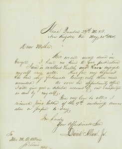 Carta assinada por David Allan Jr., Head Quarters 29th M.V.I., perto de Kingston, Ga., à sua mãe Sra. M.A. Allan, St. Louis, Mo., 20 de Maio de 1864 de David Allan