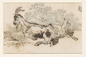 Cabra e cabrito numa paisagem de David Alphonse de Sandoz Rollin