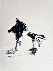 Passeio com o cão em tons monocromáticos