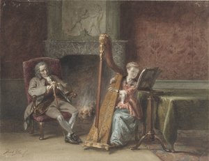 Interior com uma garota tocando harpa e um cavalheiro em uma cadeira assistindo