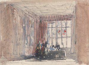 Uma sala Tudor com figuras, possivelmente Hardwick Hall ou Haddon Hall de David Cox