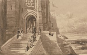 Figuras na escadaria exterior de um castelo de David Cox