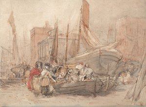 Cena portuária com barcos de pesca a serem descarregados de David Cox