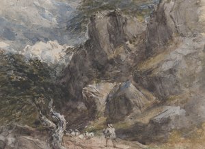 Conduzindo ovelhas em uma paisagem rochosa, ca. 1846.