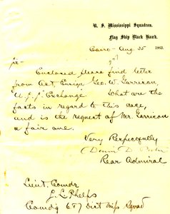 Carta de David D. Porter, U. S. S. Black Hawk, Cairo, Illinois, para Seth Ledyard Phelps, 25 de Agosto de 1863 de David D. Porter