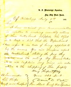Carta de David D. Porter, U. S. Black Hawk, de Vicksburg, para Seth Ledyard Phelps, comandando o U. S. Eastport, 9 de julho de 1863 de David D. Porter