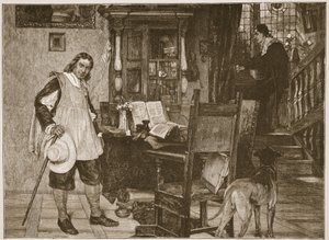 O Sr. Oliver Cromwell visita o Sr. John Milton, ilustração de "A Igreja da Inglaterra: Uma História para o Povo" da HDM Spence-Jones, pub. c.1910 (foto sépia) de David Dalhoff Neal
