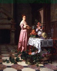 Senhora com frutas e flores sobre uma mesa de David Emil Joseph de and Knarren P. Noter