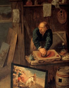 Oficina de pintura com pose de modelo e moedor de cor Detalhe. Pintura de David III Ryckaert (1612-1661), Ec. Flam