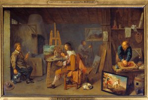 Oficina de pintura com modelo de posar e moedor de cor. Pintura de David III Ryckaert (1612-1661), Ec. Flam