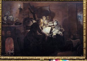 O alquimista no seu estúdio. Pintura de David Ryckaert III (Rijckaert) (1612 - 1661) Ec. Flam.