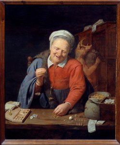 O pesador de ouro. Uma mulher velha com uma pequena balança pesa as peças de ouro enquanto no fundo um homem com uma cabeça de javali guarda sacos no armário. Pintura de David III Ryckaert (1612-1661) Ec. Flam.
