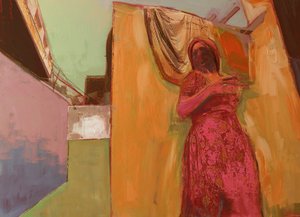 Woman in Pink Dress, 2016, Mixed Media on Wood Panel de David McConochie