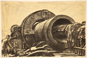 Uma máquina de perfuração a trabalhar num tubo de canhão pesado, ilustração de "The Western Front", pub. por Country Life Ltd