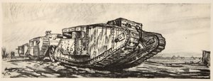 Uma linha de tanques, ilustração de "The Western Front", pub. por Country Life Ltd de David Muirhead Bone