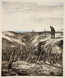 Uma trincheira em ruínas, ilustração de "The Western Front", pub. por Country Life Ltd