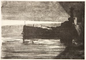 Aproximação nocturna de um navio de guerra, ilustração de "The Western Front", pub. por Country Life Ltd de David Muirhead Bone