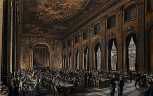 Oficiais a jantar no salão pintado (no Royal Hospital em Greenwich, Inglaterra, para reformados da Marinha) durante a Segunda Guerra Mundial (1939-1945) de David Muirhead Bone