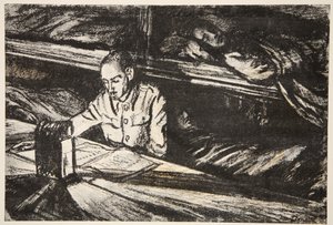 Num navio-hospital à noite: o Ordenança, ilustração de "The Western Front", pub. por Country Life Ltd de David Muirhead Bone