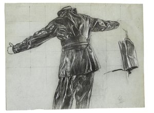 Estudo para a colocação de minas de inverno ao largo da Islândia, c.1942, cat. 9 (lápis de carvão e giz sobre papel) de David Muirhead Bone