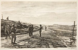 O piquete noturno, ilustração de "The Western Front", pub. por Country Life Ltd de David Muirhead Bone