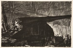 O turno da noite a trabalhar num canhão grande, ilustração de "The Western Front", pub. por Country Life Ltd de David Muirhead Bone