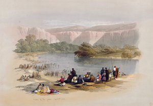Bancos do Jordão, 2 de abril de 1839, placa 48 do Volume II da "Terra Santa", gravada por Louis Haghe (1806-85) pub. 1843 de David Roberts