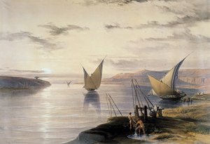 David Roberts (1796-1864) artista britânico (escocês). Aguarela "Barcos no Nilo". Em baixo, à direita, a água está a ser elevada por meio de um shaduf. Museu Victoria and Albert, Londres de David Roberts